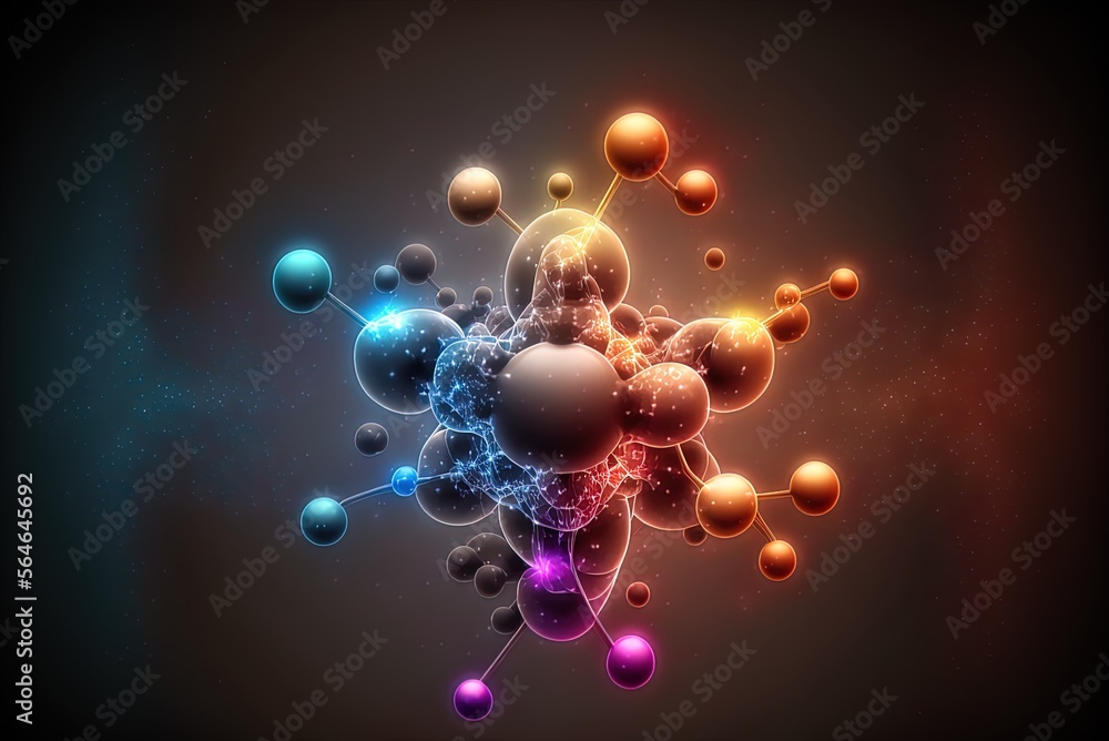 Poster structure of a molecule or an atom, depicted abstractionally, for use in the sciences and the health