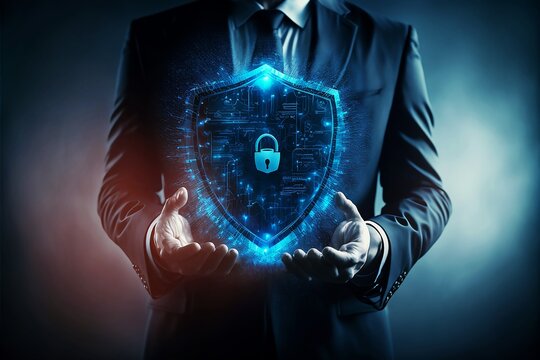Businessman holding a Shield with a padlock
