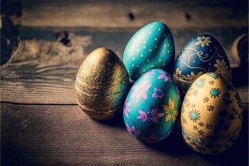Decorated Eggs Arranged Over a Rustic Wooden Background. Festive and Traditional Nature of the Holiday. Generative ai illustration