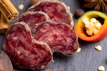 Sausage cut into pieces on the table