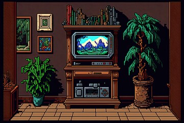 Pixel art TV room of old house, antique furniture, background in retro style for 8 bit game, Generative AI	