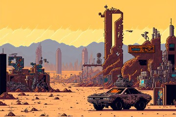 Pixel art destroyed city in post-apocalyptic world, background in retro style for 8 bit game, Generative AI