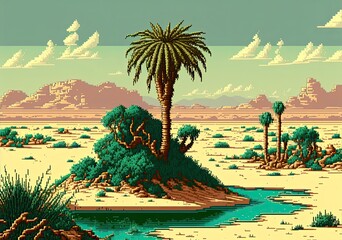 Plakat Pixel art oasis in the desert, landscape background in retro style for 8 bit game, Generative AI