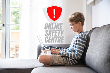 Parental control and child protection concept. Young boy typing on keyboard. Online content filter.