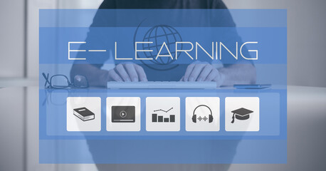 E-learning, education, study online concept. Man typing on keyboard. Elearning on virtual display.