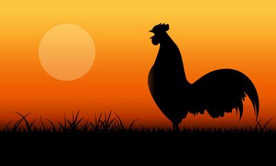 crowing rooster silhouette in the grassland with yellow sunrise. vector illustration