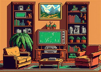Pixel art TV room of old house, antique furniture, background in retro style for 8 bit game, Generative AI	