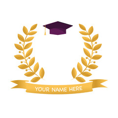 Graduation cap with golden laurel wreath vector illustration on white background. 