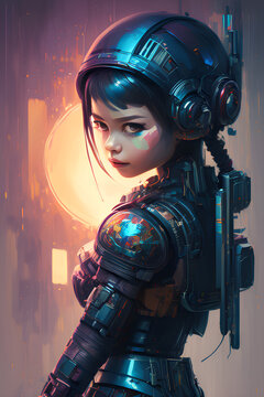 A portrait of a sci-fi cyberpunk girl, a high-tech futuristic woman from the future, depicting the concept of virtual reality and cyberpunk. The illustration portrays a strong. Generative AI.