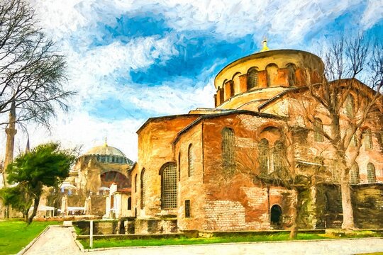 Oil painting of Hagia Irene or Hagia Eirene,  Eastern Orthodox church located in the outer courtyard of Topkapi Palace, Istanbul, Turkey.   