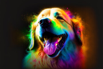 Dog laughing so hard his head explodes in rainbow colors, HD, soft focus, neon, photorealism