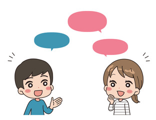 An illustration of the upper body of people talking, with a speech bubble.