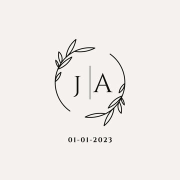 Letter JA wedding monogram logo design with simple natural circle leaf frame