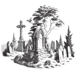 Old vintage cemetery sketch hand drawn line art Vector illustration - obrazy, fototapety, plakaty