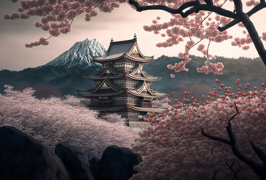 Beautiful asian cherry blossom scene. Generative ai