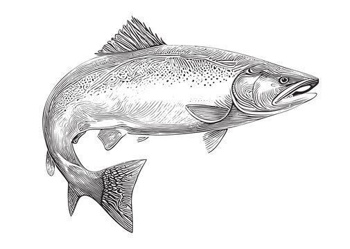 Salmon fish sketch hand drawn line art Vector illustration.