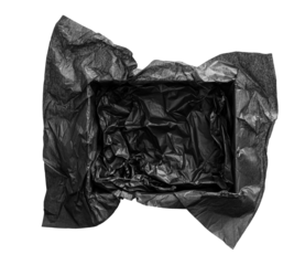 Top view of empty open gift box with black color silk paper filling inside. Luxury present wrapping or products background. Isolated on white, studio shot.