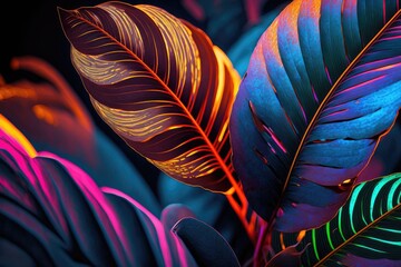 Colorful tropical leaves creative background. Generative AI.	
