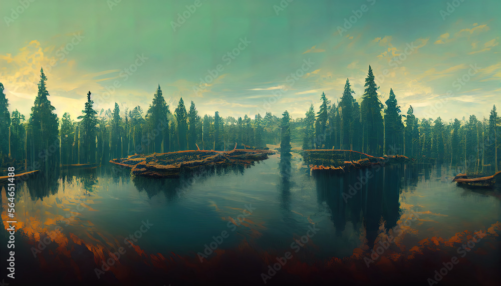 Aufkleber a lake in the shape of logs in the middle of a forest serving as a metaphor for the sustainable timb