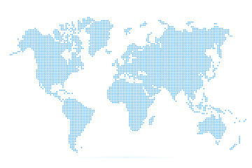 Fototapeta na wymiar World map with square dot. Blue dotted squares world map isolated on white background. Pixels silhouette worldmap. Simple flat wallpaper. Planet halftone pattern for design print. Vector illustration