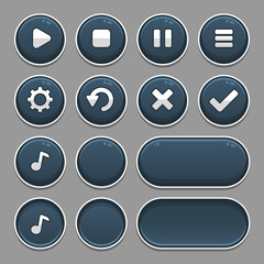 Dark set of game button elements and progress-bar, bright different forms buttons for games and app.