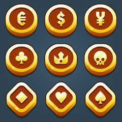 Colorful game icons set of gold coin with different symbol with animation isolated vector ilustration