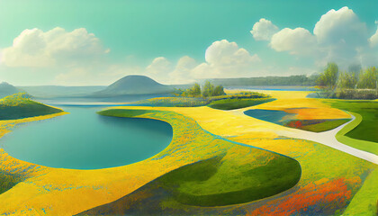 Abstract spring summer landscape scene with geometric form