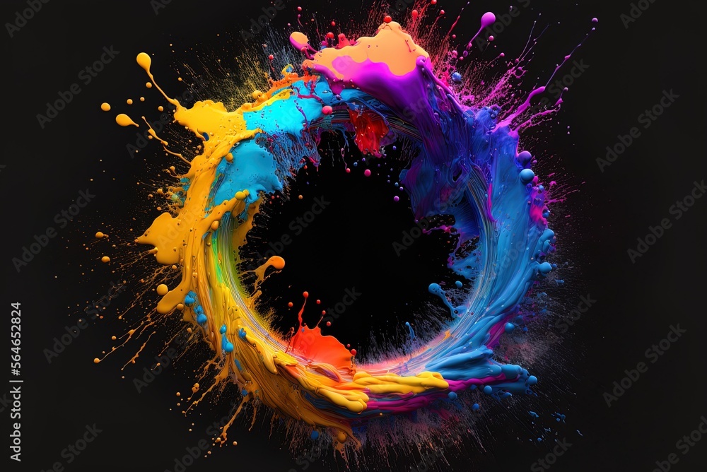 Poster a splatter of a circle of neon paint, set up on a black backdrop generative ai