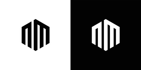 Letter N M polygon, Hexagonal minimal and professional logo design on black and white background
