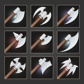 Collection of decoration weapon for games. Set of silver cartoon axes. Vector illustration.
