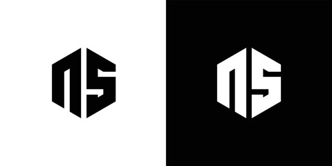 Letter N S polygon, Hexagonal minimal and professional logo design on black and white background