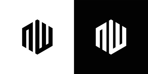Letter N W polygon, Hexagonal minimal and professional logo design on black and white background