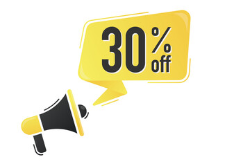 30 percent off. Megaphone and colorful yellow speech bubble with quote. Blog management, blogging and writing for website. Concept poster for social networks, advertising, banner