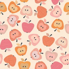 Gordijnen Naadloze herfst Abstract seamless retro style pattern with pink and orange checkered and striped apple decoration on pastel pink background  © anasztazia