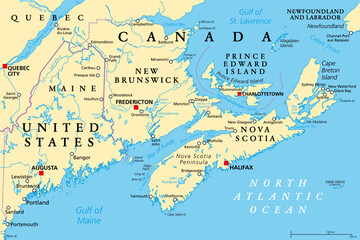 The Maritimes, also called Maritime provinces, a region of Eastern Canada, political map, with capitals, borders and largest cities. The provinces New Brunswick, Nova Scotia, and Prince Edward Island.
