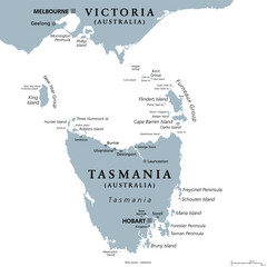 Tasmania and the surrounding area, gray political map. Australian island state with capital Hobart, south of Victoria and the Australian mainland, encompassing island Tasmania and surrounding islands.