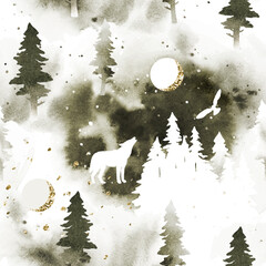 Watercolor stylish seamless pattern with coniferous forest, wolf and owl. Vector silhouette of wolf howling at the full moon. Nature design for page fill, wrapping paper, web, textile print