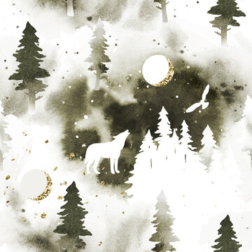 Watercolor stylish seamless pattern with coniferous forest, wolf and owl. Vector silhouette of wolf howling at the full moon. Nature design for page fill, wrapping paper, web, textile print