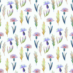 Seamless floral background with cornflowers and lavender. The graphic drawing is made manually.