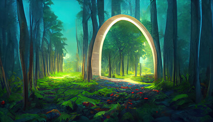 In a dense forest, an archway leads to another dimension