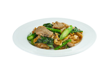 Stir-fried Noodles with pork and  chinese broccoli  on transparent png