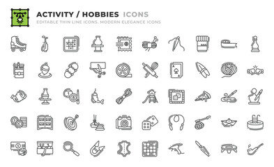 Set of 50 Activity and Hobbie icons. Thin line outline icons such as clay crafting, pottery, billiard, catch, yarn, playground, board game, pizza slice, wood carving, sculpt, coin collecting vector