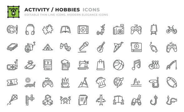 Set of 50 Activity and Hobbie icons. Thin line outline icons such as movies, lifestyle, camera, gamepad, art, bicycle, book, listen, camping tent, interests, microphone, guitar, origami, video vector