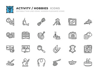 Editable Activity and Hobbie icons set. Thin line outline icons such as pizza slice, wood carving, sculpt, coin collecting, scrapbook, dart board, spa, photographer, dice, jump rope, fish net vector