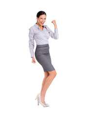 A cheerful young businesswoman isolated on a PNG background.