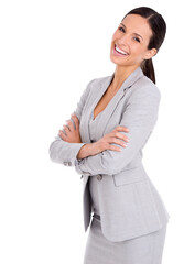 An attractive businesswoman in a grey business suit standing with hands folded isolated on a PNG background.