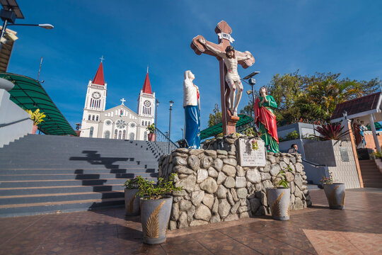Baguio City, Philippines - A cross and steps in front of Our Lady of the Atonement Cathedral or Baguio Cathedral. Part of the Archdiocese of Nueva Segovia