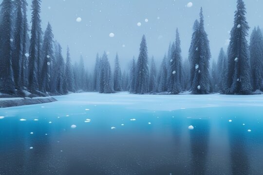 Cracks on the surface of the blue ice. Frozen lake in winter mountains. It is snowing. The hills of pines - generative ai