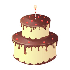 Birthday cake with chocolate cream, drip, candles, anniversary desert in cartoon style isolated on white background