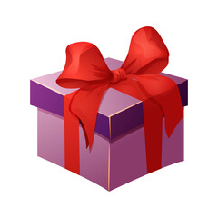 Present box with red bow, ribbon cute gift with wrapped paper, surprise in cartoon style isolated on white background.